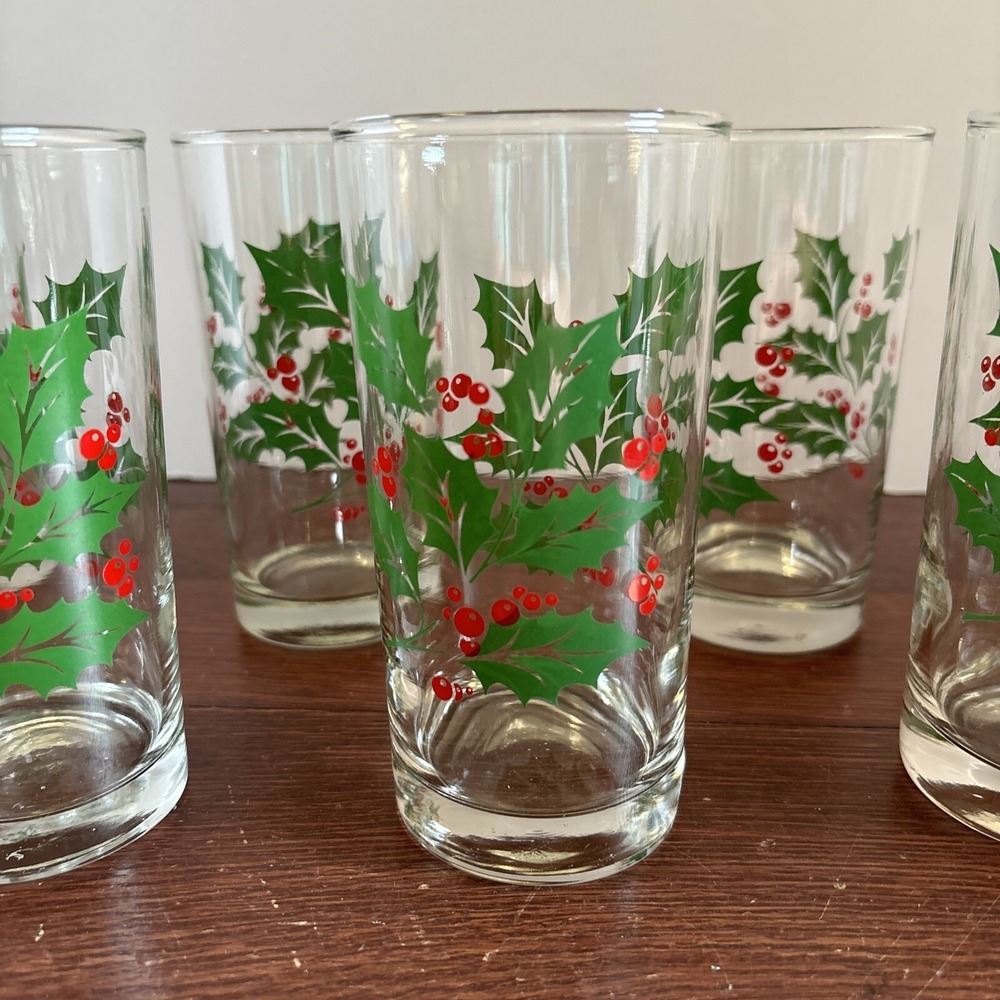 VTG‎ Bartlett Collins Christmas Holly Berry 12oz Glass Tumblers 5 1/2"H Set Of 6 - Picture 2 of 8